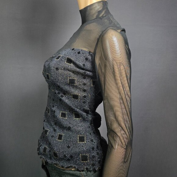 Y2K Black Glitter Mesh Top Flocked Velvet Size S Whimsigoth Goth Grunge - Picture 4 of 9